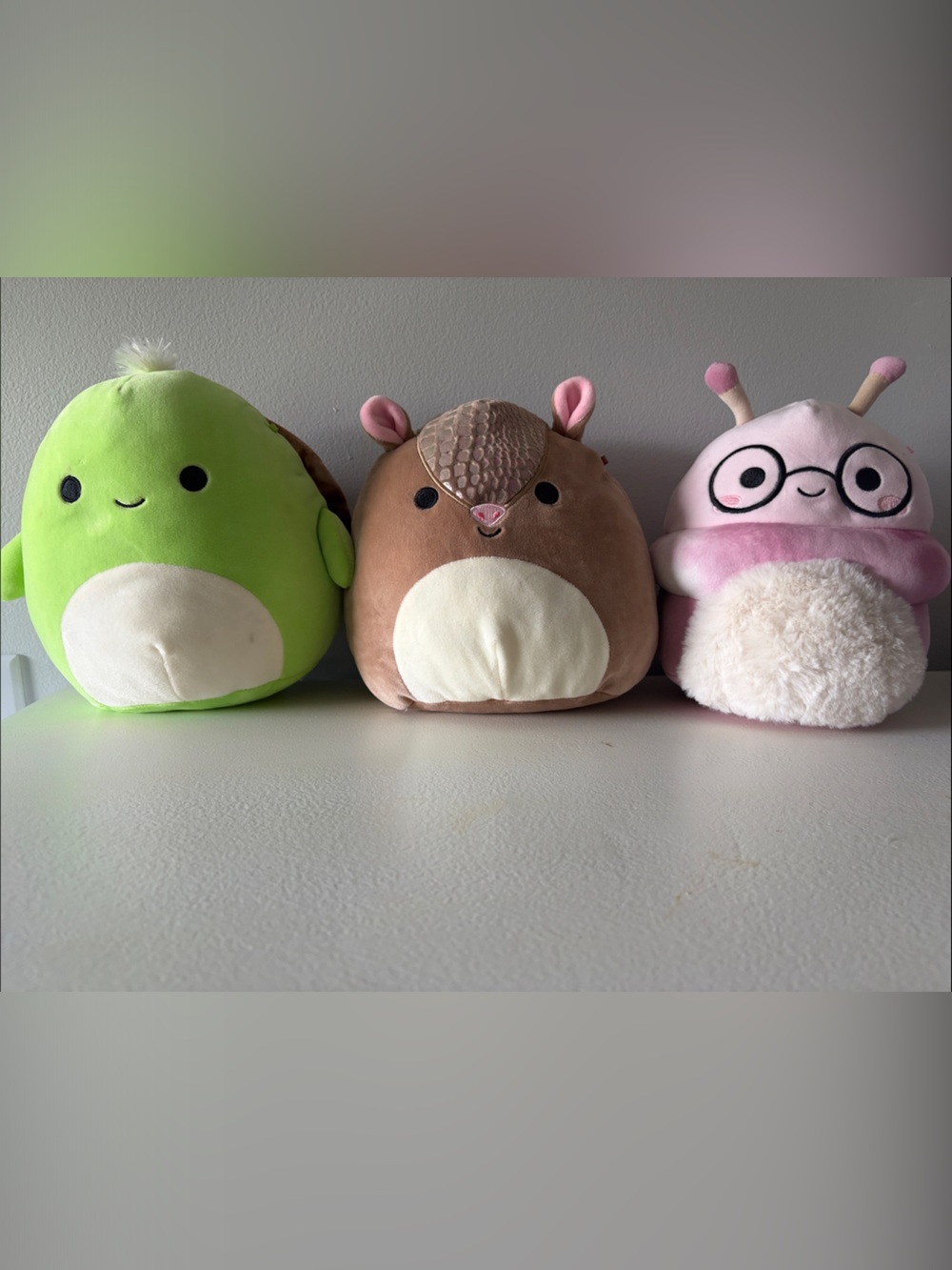 Squishmallows Green Avocado, Brown Armadillo & Pink Snail Plush Trio